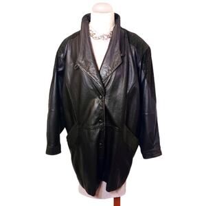 Y2K Leather Coat Patterned Textured Sz L Black Jacket City Oversized Snap Collar